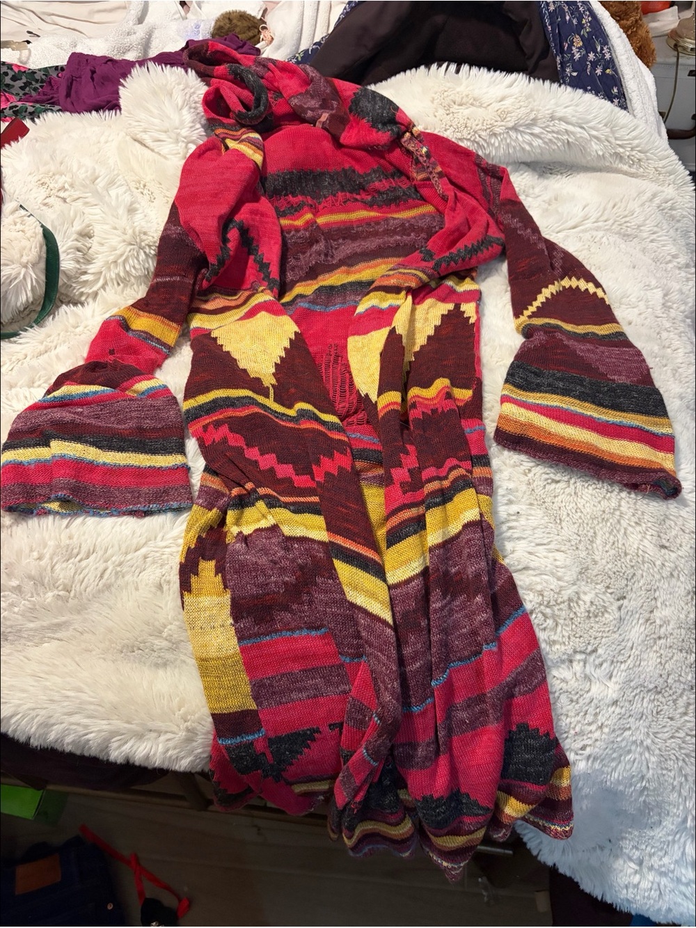 Free People S Boho Aztec Hooded Cardigan in Red, Yellow & Maroon
